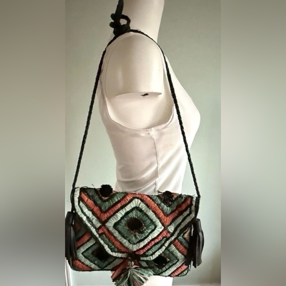 Anthropologie ibBan Handmade Raffia Leather Crossbody Bag Teal Black Tassel